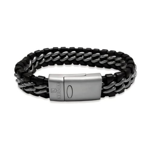 Brazalete de Cuero Trenzado Negro y Acero Inoxidable