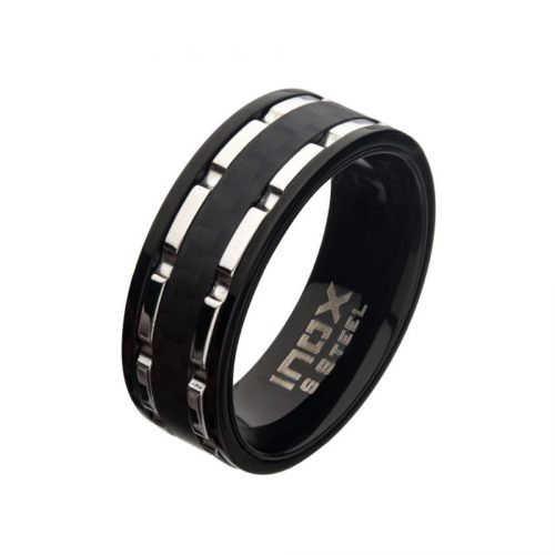 Líneas de acero inoxidable/IP negro y anillo martillado de fibra de carbono