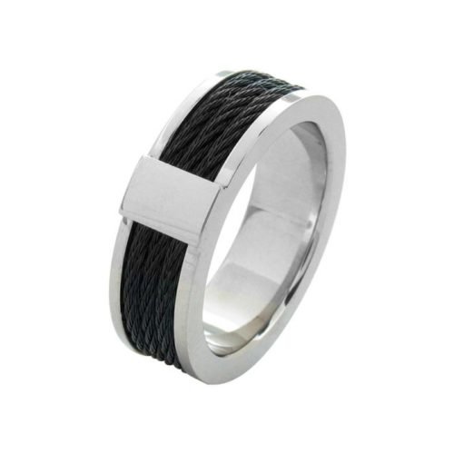Anillo de ajuste cómodo con incrustaciones de cable negro de acero